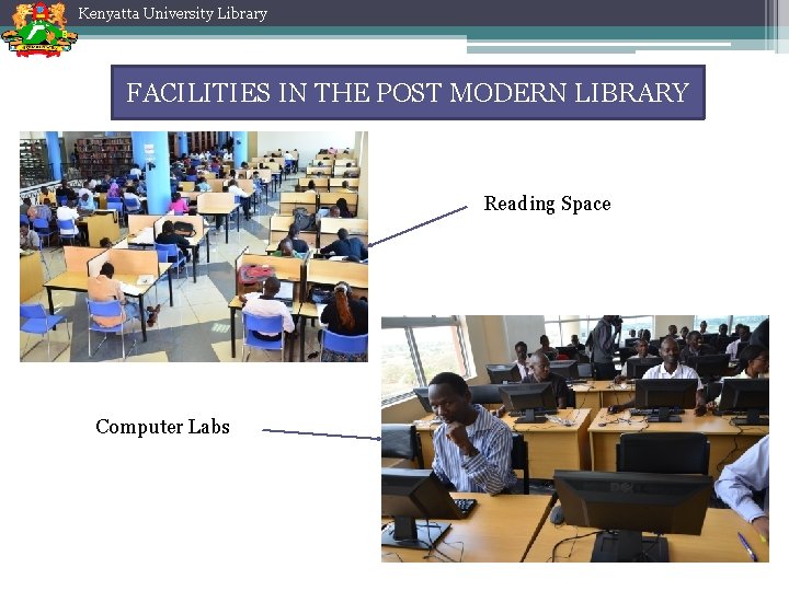Kenyatta University Library FACILITIES IN THE POST MODERN LIBRARY Reading Space Computer Labs Kenyatta University Library FACILITIES IN THE POST MODERN LIBRARY Reading Space Computer Labs