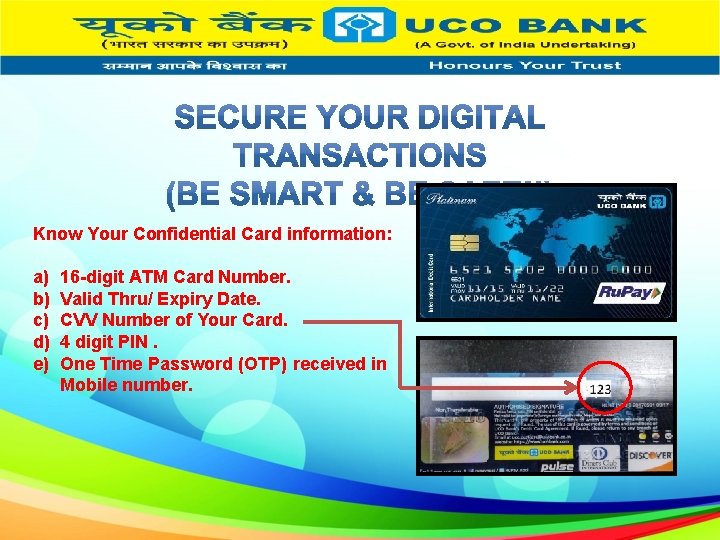 Know Your Confidential Card information: a) b) c) d) e) 16 -digit ATM Card