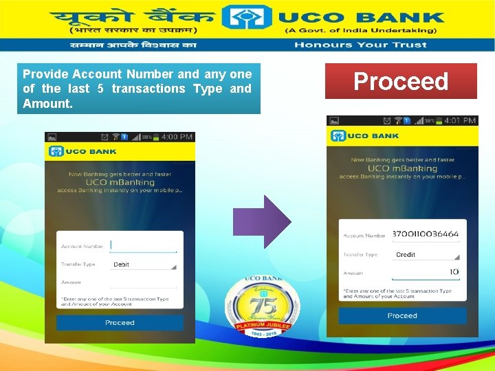 Provide Account Number and any one of the last 5 transactions Type and Amount.