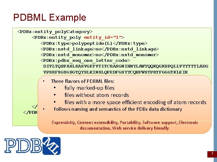 PDBML Example <PDBx: entity_poly. Category> <PDBx: entity_poly entity_id="1"> <PDBx: type>polypeptide(L)</PDBx: type> <PDBx: nstd_linkage>no</PDBx: nstd_linkage>