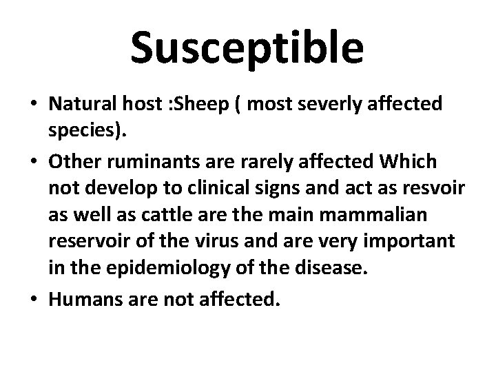 Susceptible • Natural host : Sheep ( most severly affected species). • Other ruminants