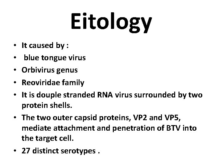 Eitology It caused by : blue tongue virus Orbivirus genus Reoviridae family It is