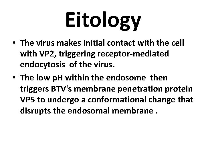 Eitology • The virus makes initial contact with the cell with VP 2, triggering