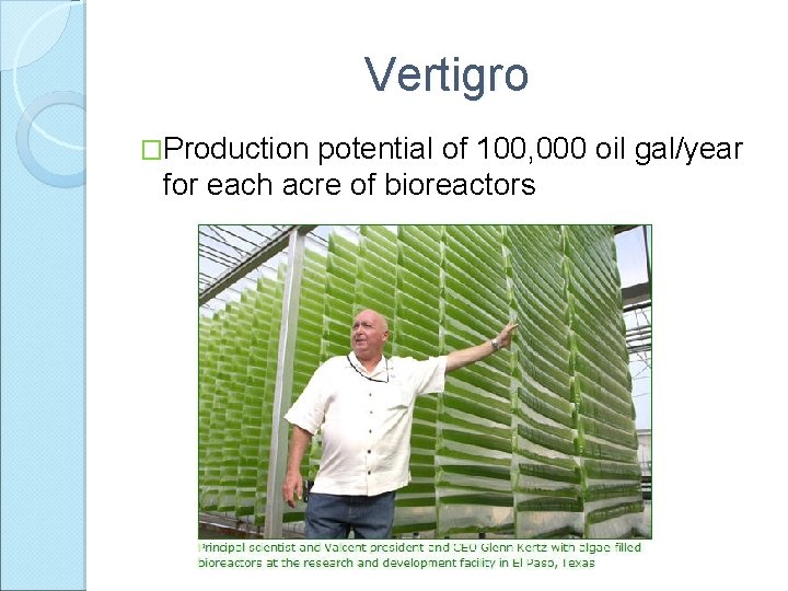 Vertigro �Production potential of 100, 000 oil gal/year for each acre of bioreactors 