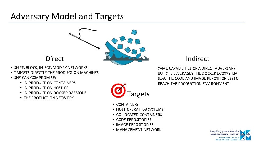 Adversary Model and Targets Direct Indirect • SNIFF, BLOCK, INJECT, MODIFY NETWORKS • TARGETS