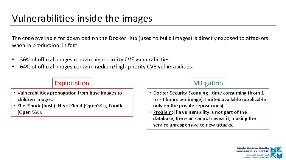 Vulnerabilities inside the images The code available for download on the Docker Hub (used