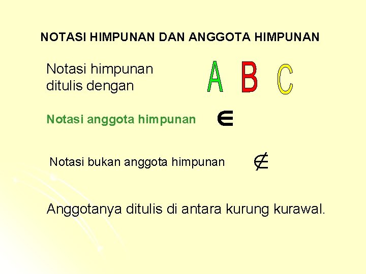 NOTASI HIMPUNAN DAN ANGGOTA HIMPUNAN Notasi himpunan ditulis dengan Notasi anggota himpunan Notasi bukan NOTASI HIMPUNAN DAN ANGGOTA HIMPUNAN Notasi himpunan ditulis dengan Notasi anggota himpunan Notasi bukan