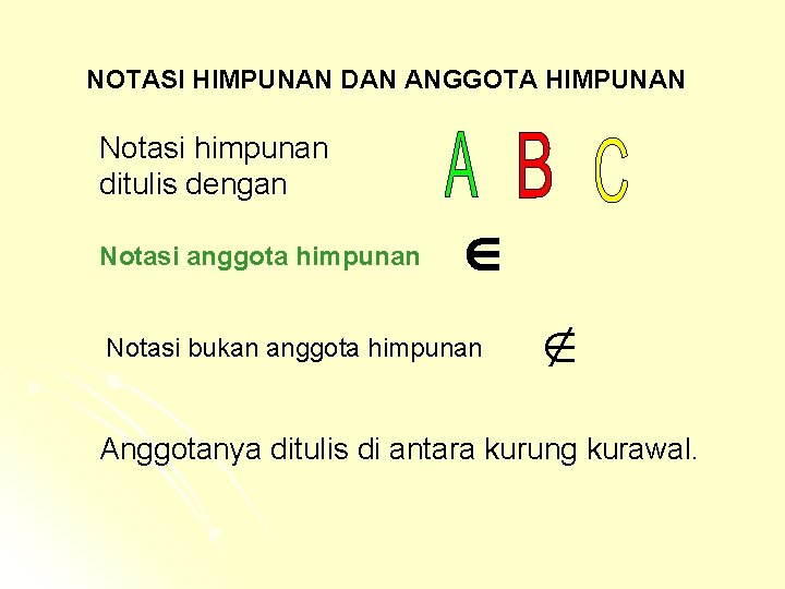 NOTASI HIMPUNAN DAN ANGGOTA HIMPUNAN Notasi himpunan ditulis dengan Notasi anggota himpunan Notasi bukan