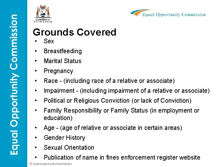 Grounds Covered • Sex • Breastfeeding • Marital Status • Pregnancy • Race -