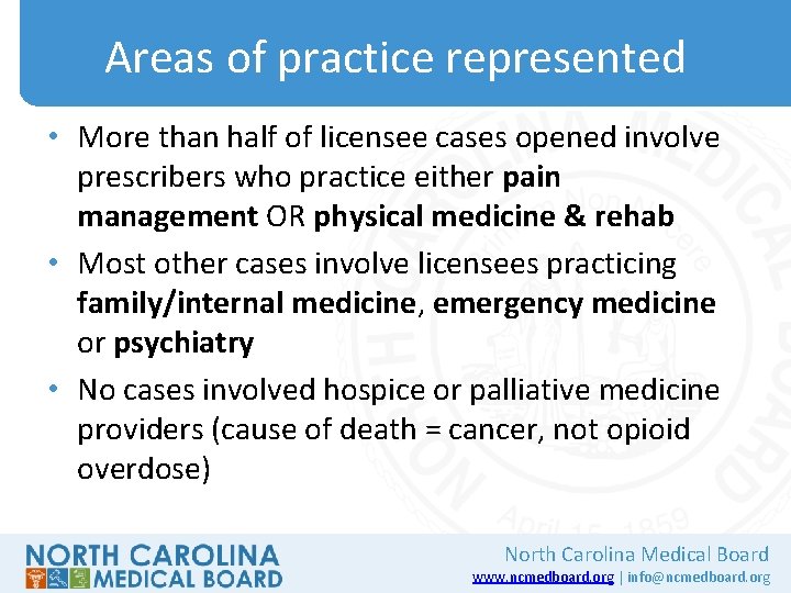 Areas of practice represented • More than half of licensee cases opened involve prescribers