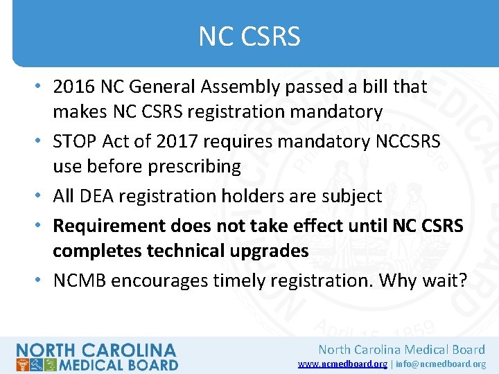 NC CSRS • 2016 NC General Assembly passed a bill that makes NC CSRS