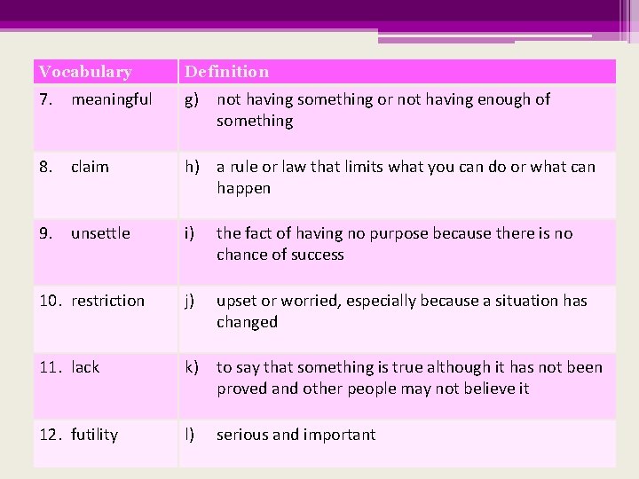 Vocabulary Definition 7. meaningful g) not having something or not having enough of something
