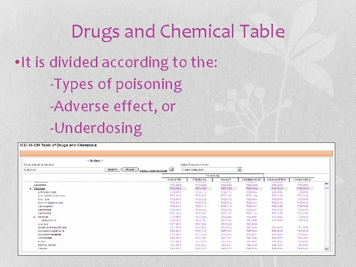 Drugs and Chemical Table • It is divided according to the: -Types of poisoning