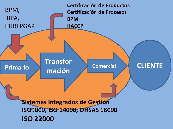Certificación de Productos Certificación de Procesos BPM HACCP BPM, BPA, EUREPGAP Primario Transfor mación