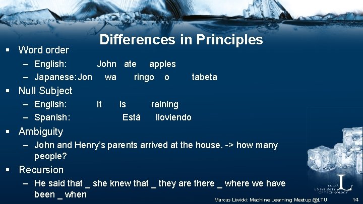 § Word order Differences in Principles – English: John ate apples – Japanese: Jon