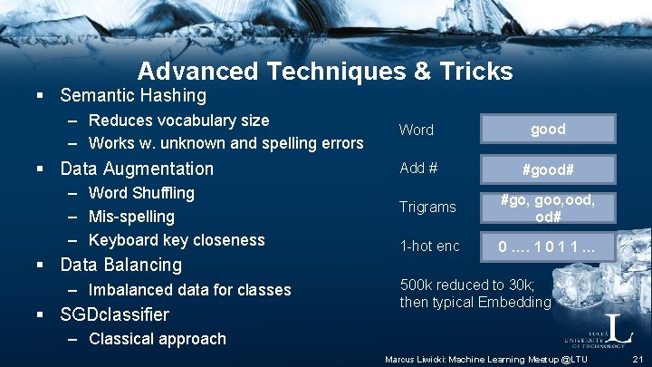 Advanced Techniques & Tricks § Semantic Hashing – Reduces vocabulary size – Works w.