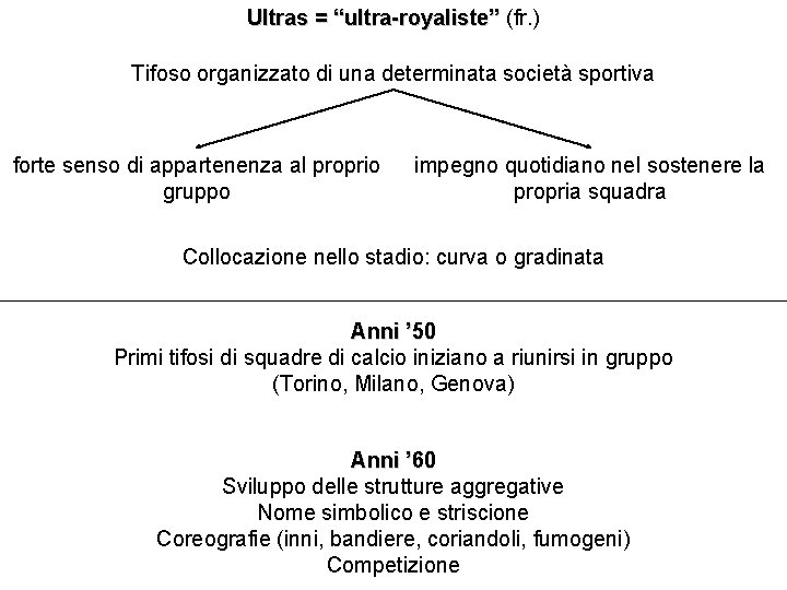 Ultras = “ultra-royaliste” (fr. ) Tifoso organizzato di una determinata società sportiva forte senso