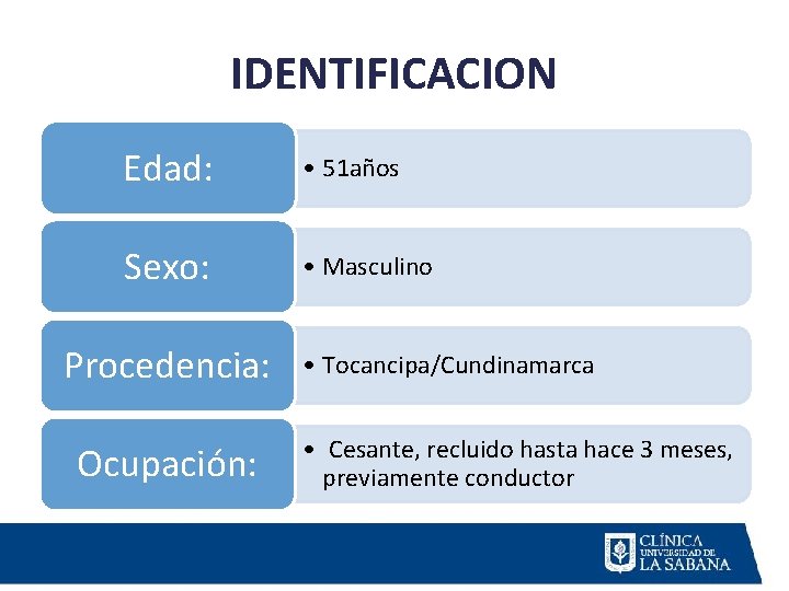 IDENTIFICACION Edad: • 51 años Sexo: • Masculino Procedencia: Ocupación: • Tocancipa/Cundinamarca • Cesante,