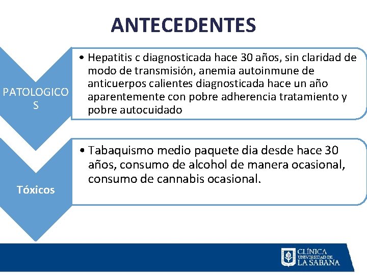 ANTECEDENTES • Hepatitis c diagnosticada hace 30 años, sin claridad de modo de transmisión,