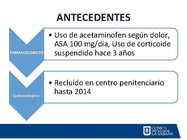 ANTECEDENTES FARMACOLOGICOS Epidemiologicos • Uso de acetaminofen según dolor, ASA 100 mg/dia, Uso de