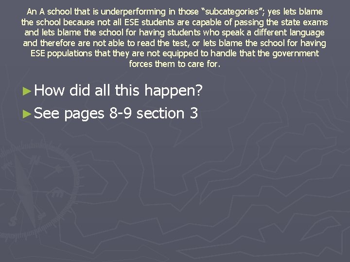 An A school that is underperforming in those “subcategories”; yes lets blame the school