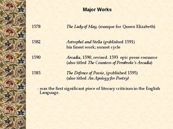 Major Works 1578 The Lady of May, (masque for Queen Elizabeth) 1582 Astrophel and Major Works 1578 The Lady of May, (masque for Queen Elizabeth) 1582 Astrophel and