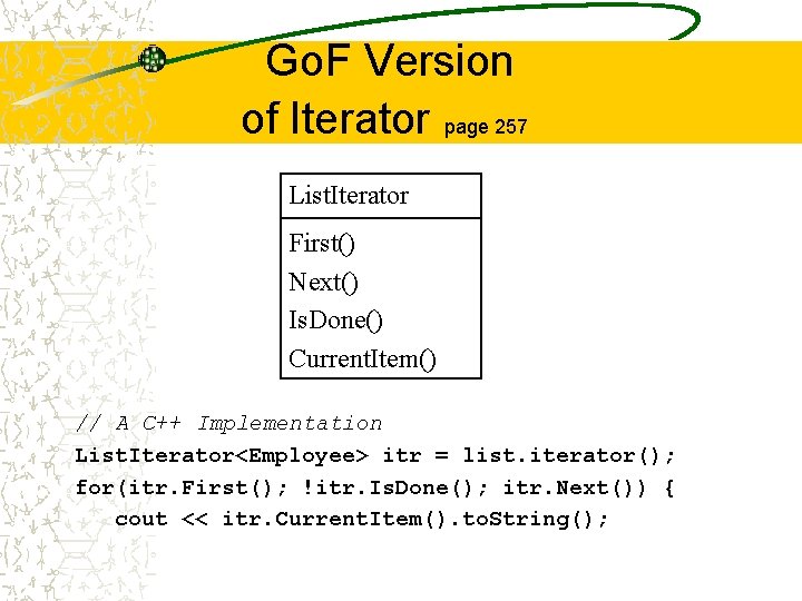 Go. F Version of Iterator page 257 List. Iterator First() Next() Is. Done() Current.
