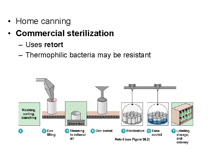  • Home canning • Commercial sterilization – Uses retort – Thermophilic bacteria may