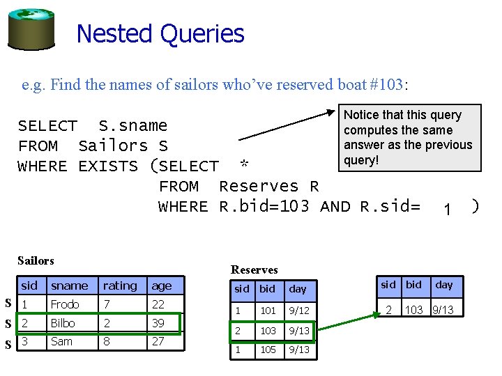 Nested Queries e. g. Find the names of sailors who’ve reserved boat #103: Notice