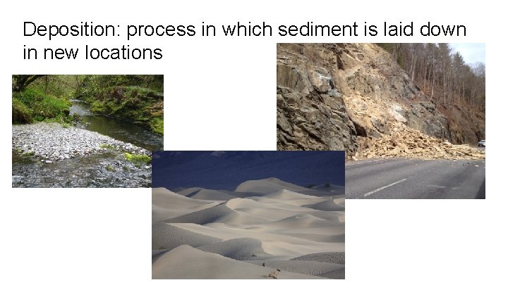 Deposition: process in which sediment is laid down in new locations 