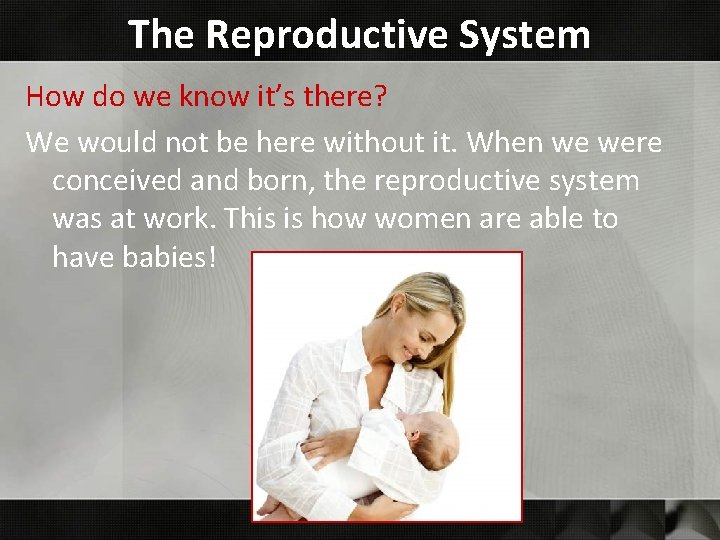 The Reproductive System How do we know it’s there? We would not be here The Reproductive System How do we know it’s there? We would not be here
