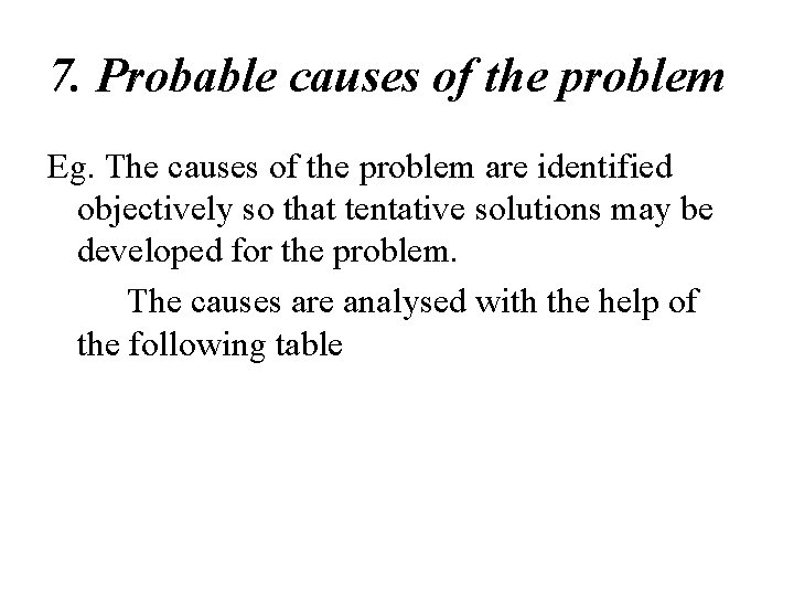 7. Probable causes of the problem Eg. The causes of the problem are identified