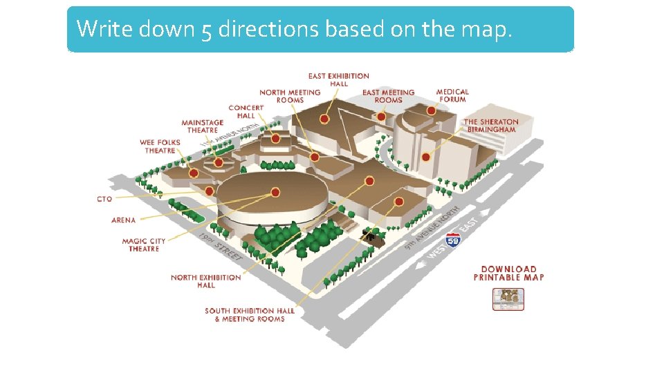 Write down 5 directions based on the map. 