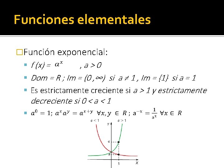 Funciones elementales �Función exponencial: f (x) = , a>0 Dom = R ; Im