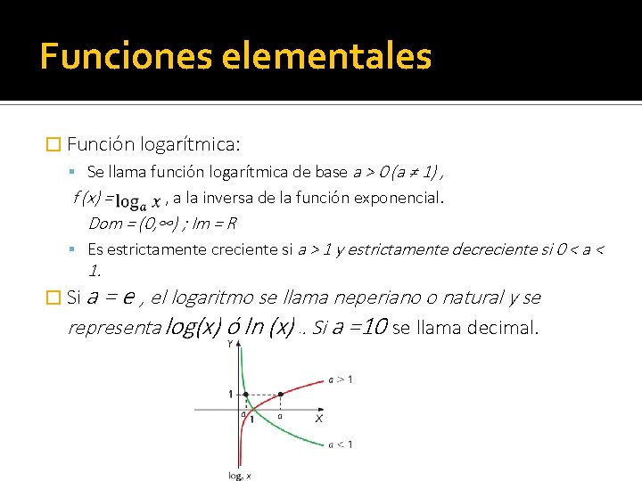 Funciones elementales � Función logarítmica: Se llama función logarítmica de base a > 0