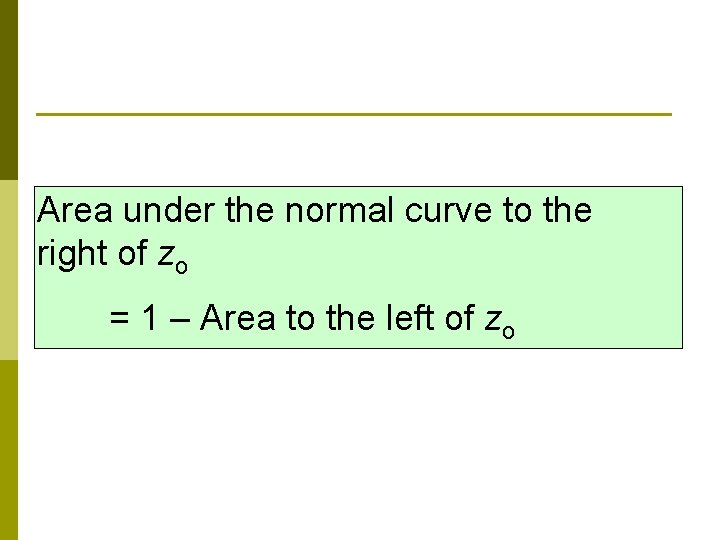 Area under the normal curve to the right of zo = 1 – Area