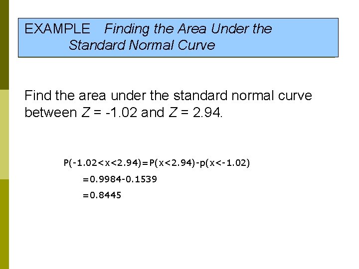 EXAMPLE Finding the Area Under the Standard Normal Curve Find the area under the