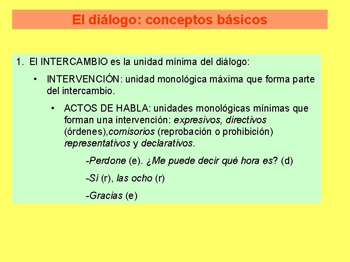 El diálogo: conceptos básicos 1. El INTERCAMBIO es la unidad mínima del diálogo: •