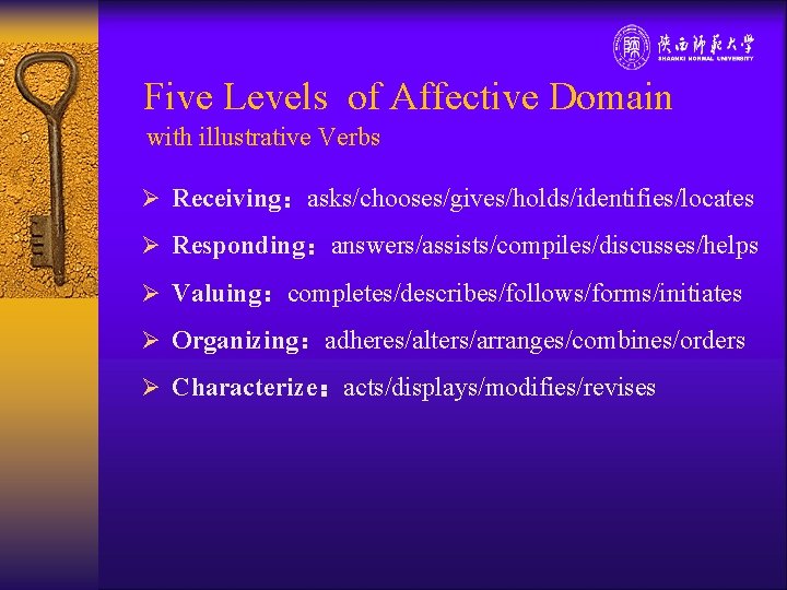 Five Levels of Affective Domain with illustrative Verbs Ø Receiving：asks/chooses/gives/holds/identifies/locates Ø Responding：answers/assists/compiles/discusses/helps Ø Valuing：completes/describes/follows/forms/initiates
