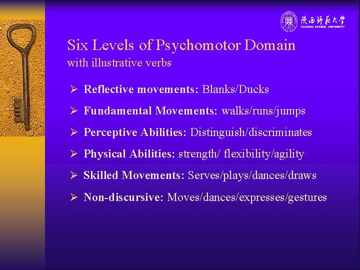 Six Levels of Psychomotor Domain with illustrative verbs Ø Reflective movements: Blanks/Ducks Ø Fundamental