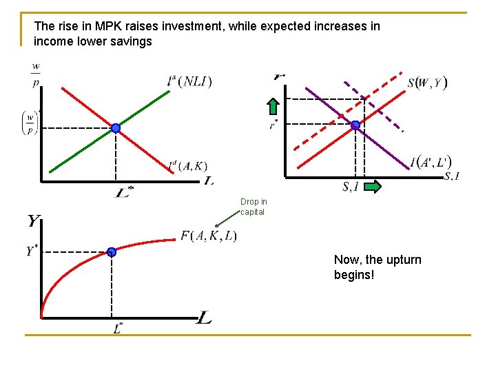 The rise in MPK raises investment, while expected increases in income lower savings Drop