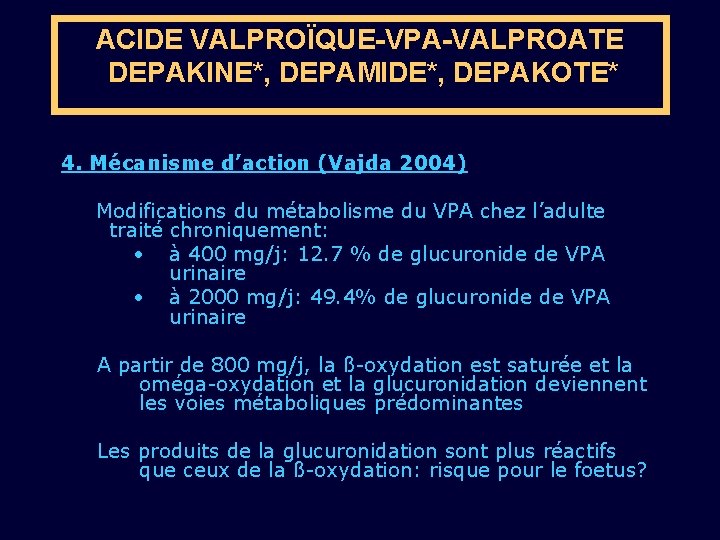 ACIDE VALPROÏQUE-VPA-VALPROATE DEPAKINE*, DEPAMIDE*, DEPAKOTE* 4. Mécanisme d’action (Vajda 2004) Modifications du métabolisme du