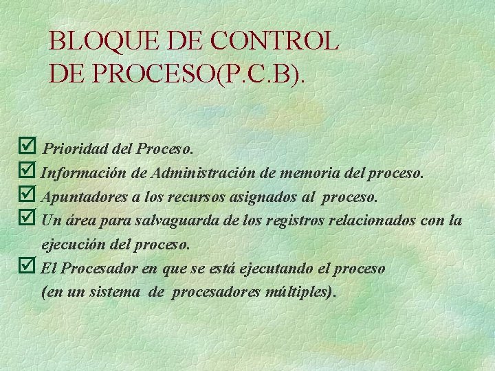 BLOQUE DE CONTROL DE PROCESO(P. C. B). þ Prioridad del Proceso. þ Información de