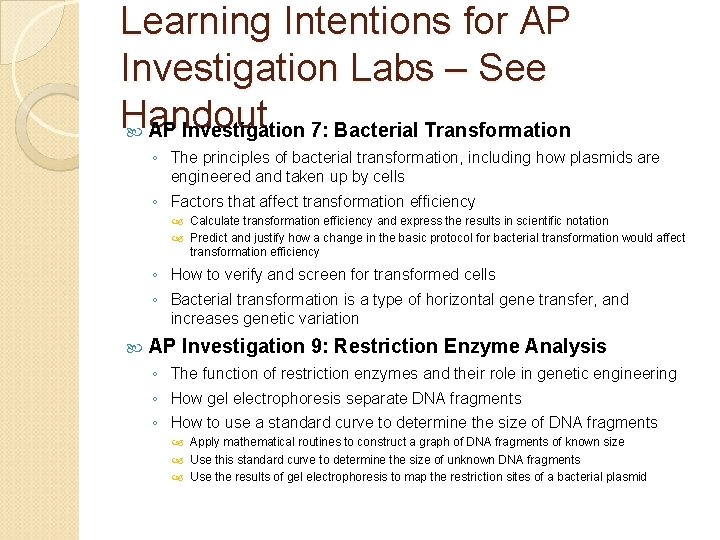 Learning Intentions for AP Investigation Labs – See Handout AP Investigation 7: Bacterial Transformation