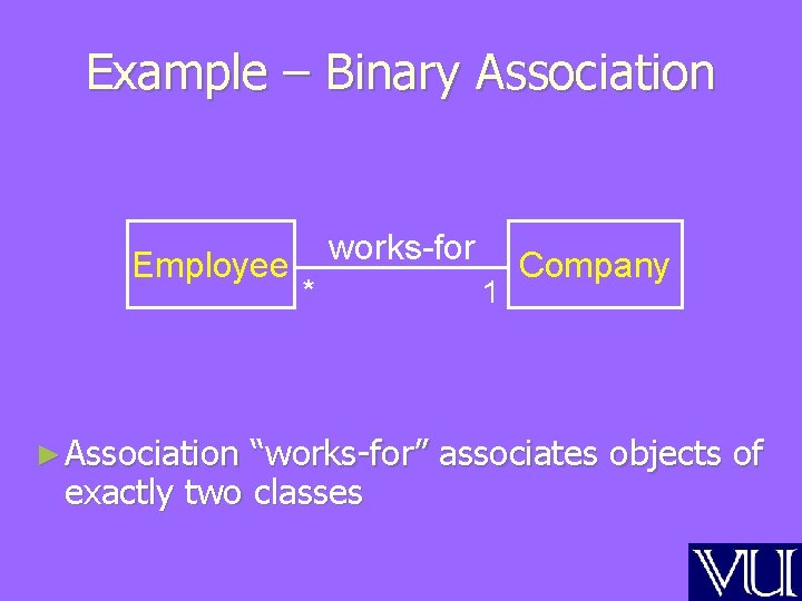 Example – Binary Association Employee ► Association works-for * 1 Company “works-for” associates objects Example – Binary Association Employee ► Association works-for * 1 Company “works-for” associates objects