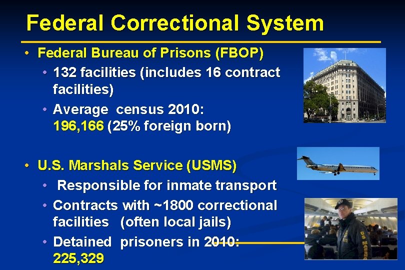 Federal Correctional System • Federal Bureau of Prisons (FBOP) • 132 facilities (includes 16