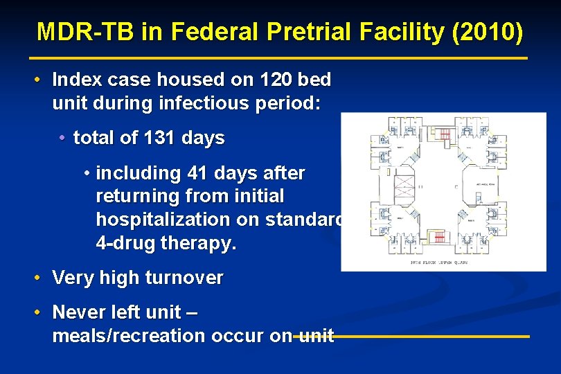MDR-TB in Federal Pretrial Facility (2010) • Index case housed on 120 bed unit