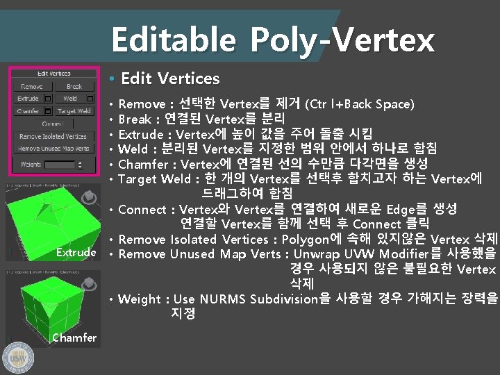 Editable Poly-Vertex • Edit Vertices • • Extrude • • Chamfer Remove : 선택한