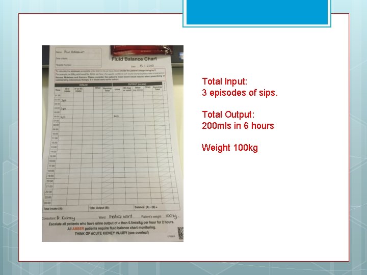 Total Input: 3 episodes of sips. Total Output: 200 mls in 6 hours Weight