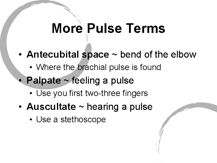 More Pulse Terms • Antecubital space ~ bend of the elbow • Where the